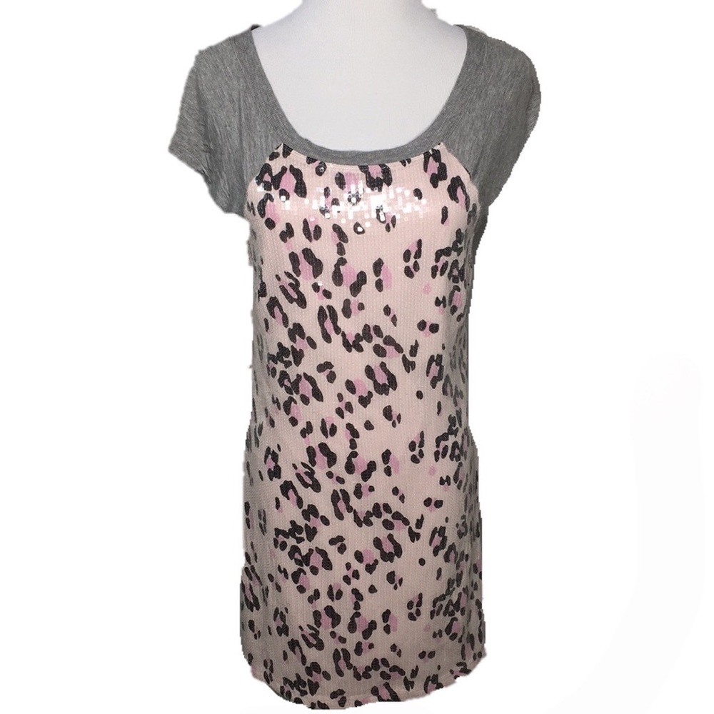Bebe Pink Gray Leopard Print Sequin Casual Shirt Sleeve Shirt Dress